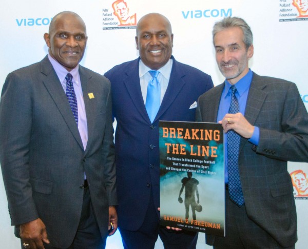 l-r Harry Carson,  Pro Football  Hall a Famer and Executive Director of FPA organization; James Shack Harris, NFL's First African American Starting QB and  current Detroit Lions Senior Personnel ;  Samuel G. Freedman, author of BREAKING  THE LINE: The Season in Black College Football That Transformed the Sport and Changed the Course of Civil Rights  