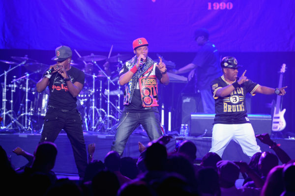 LOS ANGELES, CA - JUNE 25:  (L-R) Singers Ricky Bell, Ronnie DeVoe and Michael Bivins of Bell Biv DeVoe perform onstage at the Bell Biv Devoe with Doug E. Fresh concert during the 2015 BET Experience at Club Nokia on June 25, 2015 in Los Angeles, California.  (Photo by Jason Kempin/BET/Getty Images for BET)