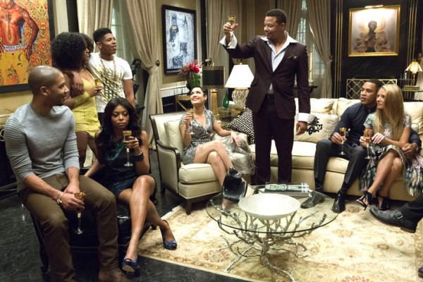 TV STILL -- DO NOT PURGE -- EMPIRE: Lucious (Terrence Howard) toasts his family in the "Devil Quotes Scripture" episode airing Wednesday, Jan. 21 (9:00-10:00 PM ET/PT) on FOX. Pictured L-R: Jussie Smollett, Serayah McNeill, Taraji P. Henson, Bryshere Gray, Grace Gealey, Terrence Howard, Trai Byers and Kaitlin Doubleday.  ¨©2014 Fox Broadcasting Co. CR: Chuck Hodes/FOX