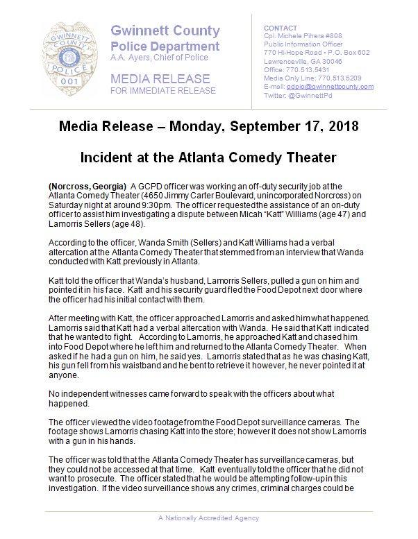 Police Report from Atlanta Nightclub Gun Incident Involving Katt Williams and Wanda Smith