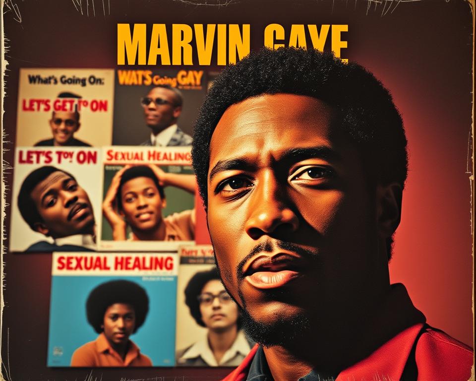 A vibrant, retro-inspired album cover showcasing Marvin Gaye's iconic hits. In the foreground, a close-up portrait of Gaye's soulful gaze, his face illuminated by warm, golden light. Behind him, a collage of album covers featuring his most renowned works, such as "What's Going On," "Let's Get It On," and "Sexual Healing," captured in a classic, high-contrast, and saturated color palette reminiscent of the 1960s and 1970s. The background is a rich, textured, and moody gradient, creating a sense of depth and atmosphere that evokes the powerful emotions and social commentary present in Gaye's music. The overall composition is balanced, visually striking, and captures the essence of Marvin Gaye's groundbreaking contributions to soul and social justice.